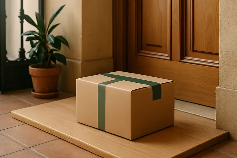 Paquete de cartón con precinto verde en el suelo junto a una puerta de madera