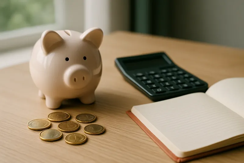 Hucha de cerámica, monedas, calculadora y libreta abierta sobre una mesa de madera