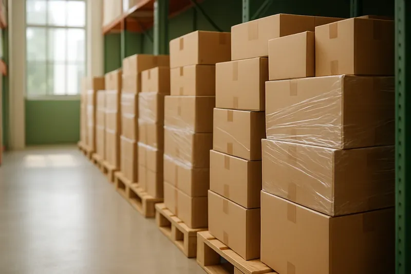 Palés con cajas de cartón apiladas y retractiladas en el pasillo de un almacén