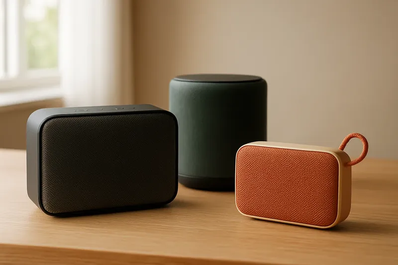 Tres altavoces portátiles de distinto tamaño sobre una mesa, el tipo de artículo de audio habitual en estas cajas