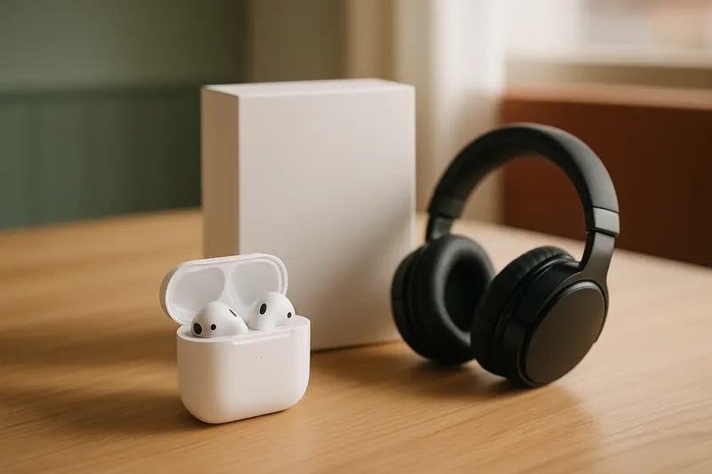 unos auriculares inalámbricos y su estuche de carga sobre un paño de limpieza