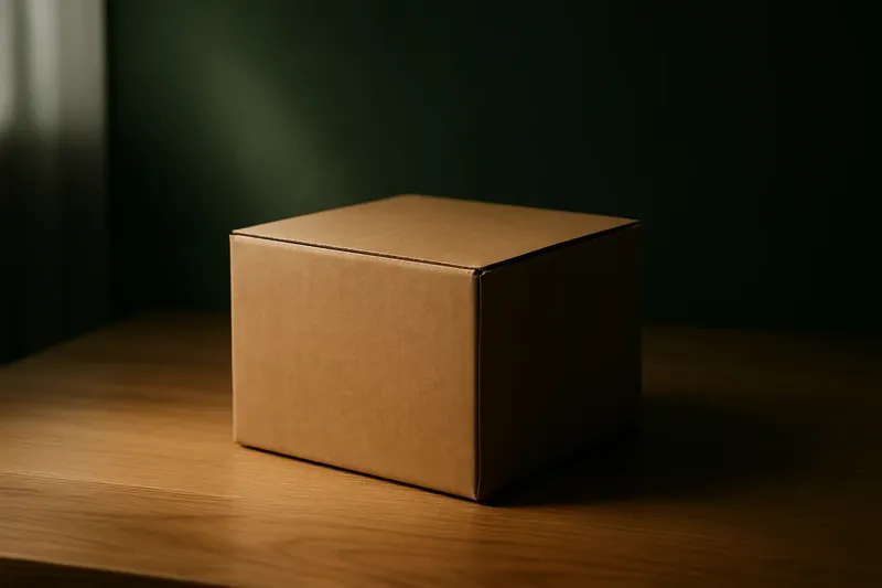 Caja de cartón cerrada con precinto sobre una mesa antes de abrirla