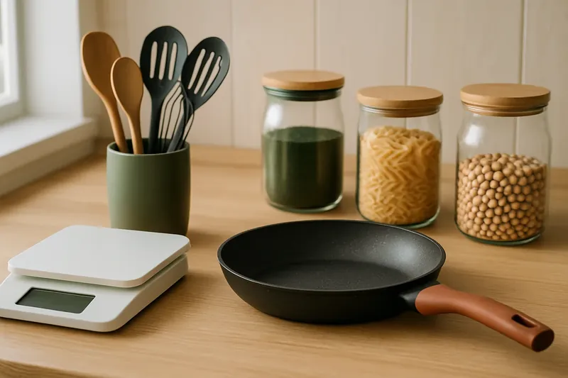 Utensilios y menaje de cocina variados colocados sobre una encimera