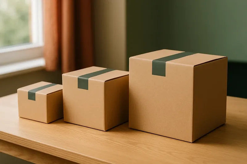 Varias cajas de distinto tamaño colocadas en fila para comparar categorías y contenido habitual