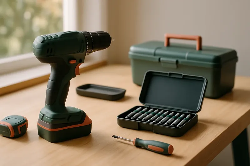 Herramientas de bricolaje y accesorios ordenados sobre una mesa de trabajo