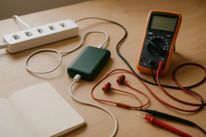 Una batería externa, unos auriculares de cable y un multímetro sobre una mesa de pruebas