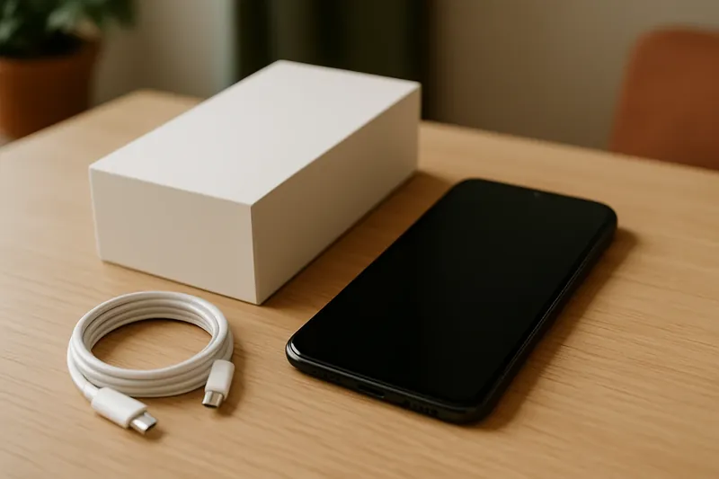 Smartphone moderno sobre una mesa junto a un cargador, sin marca visible en la pantalla