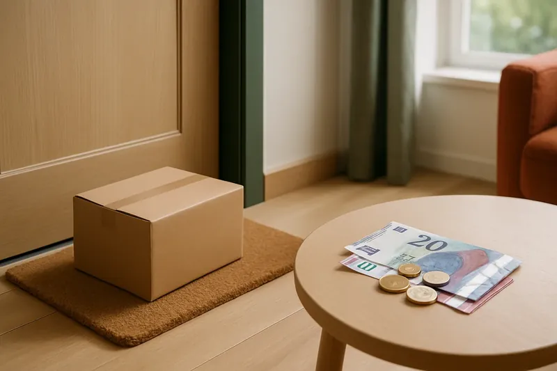 Una caja recién entregada junto a la puerta y el dinero preparado para pagarla al recibir