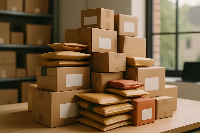 Varios paquetes de cajas de devoluciones apilados y listos para enviar