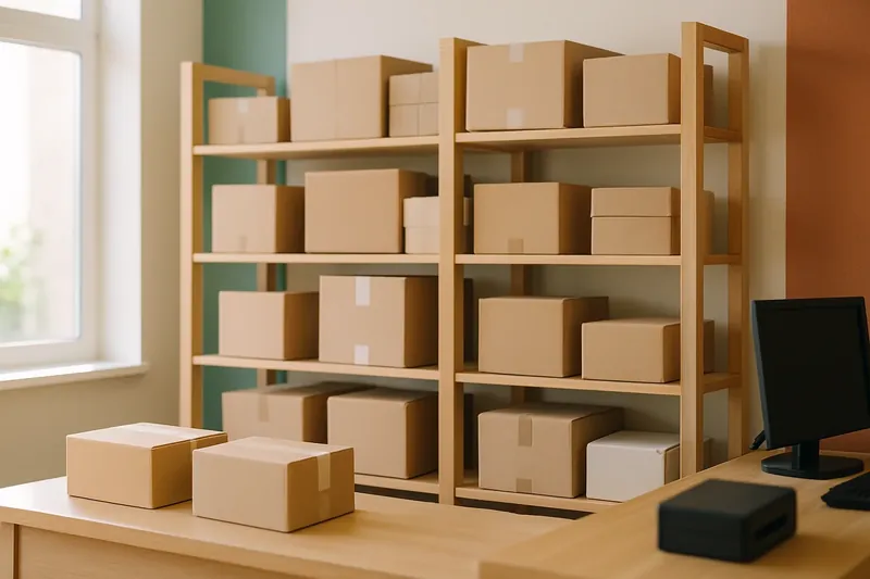 Estanterías con paquetes de cartón detrás del mostrador de un punto de recogida
