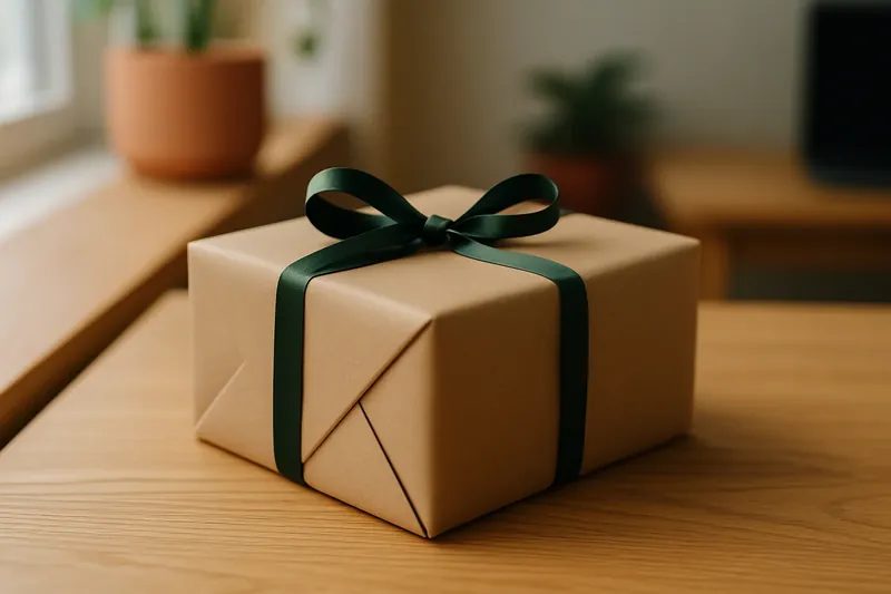 Paquete envuelto como regalo junto a una tarjeta y un lazo