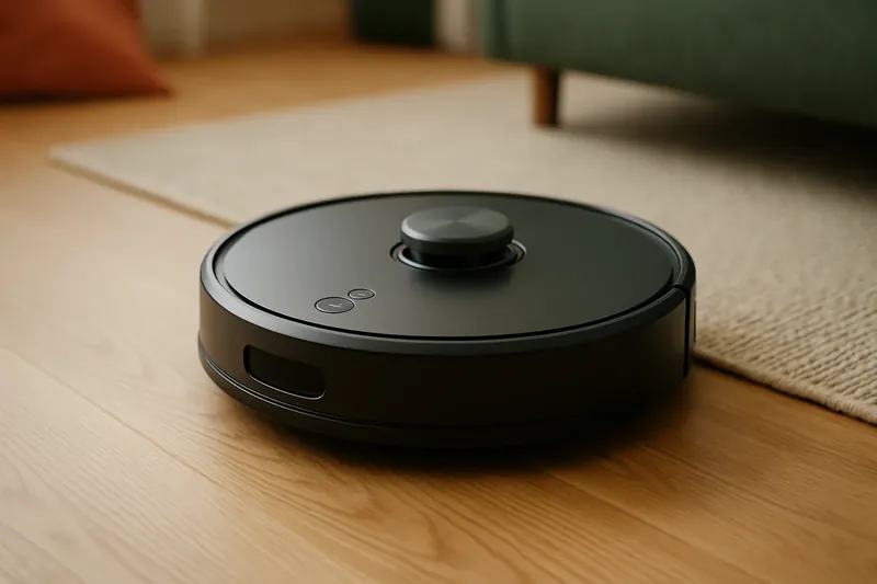 un robot aspirador circular sobre el suelo de un salón junto a su base de carga