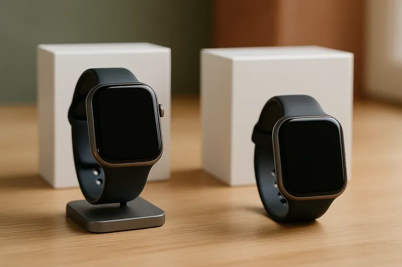 reloj inteligente con la pantalla encendida junto a su base de carga sobre una mesa