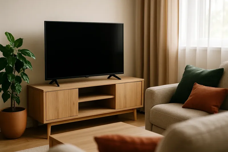 Televisor de salón visto de frente con la pantalla apagada sobre un mueble