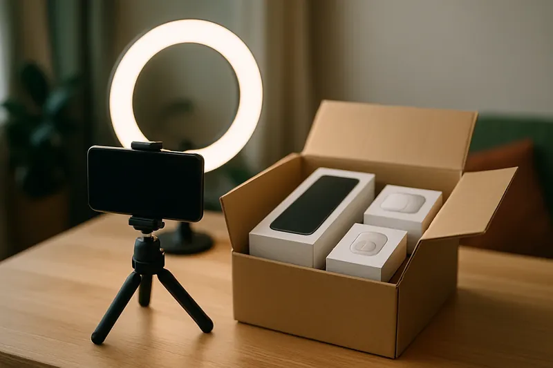 Persona sacando varios artículos de electrónica de una caja abierta sobre la mesa